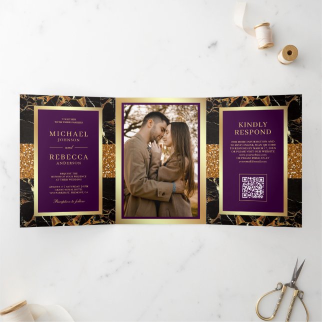 Royal Purple Black Marble Gold QR Code Wedding Tri-Fold Invitation (Inside)