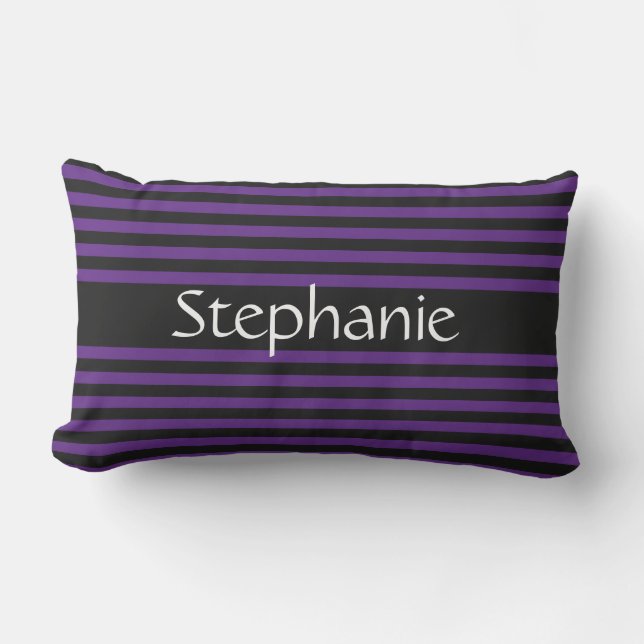 Royal Purple Black Stripes White Custom Name Lumbar Cushion (Front)
