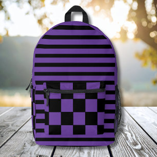 Royal Purple Black Vintage Chequered and Striped Printed Backpack