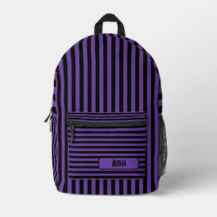 Royal Purple Black Vintage Striped Name Printed Backpack
