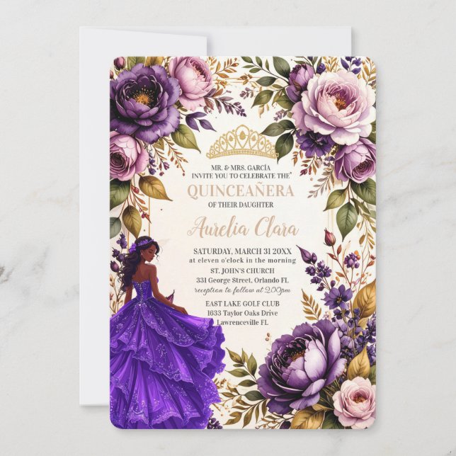Royal Purple Blush Floral Princess Quinceanera 16 Invitation (Front)