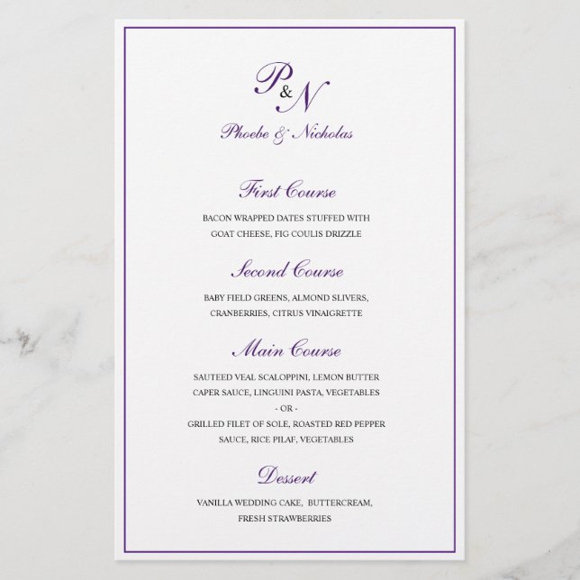 Royal Purple Classic Elegant Wedding Menu (Front)