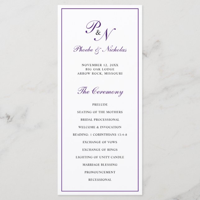 Royal Purple Classic Elegant Wedding Programme (Front)