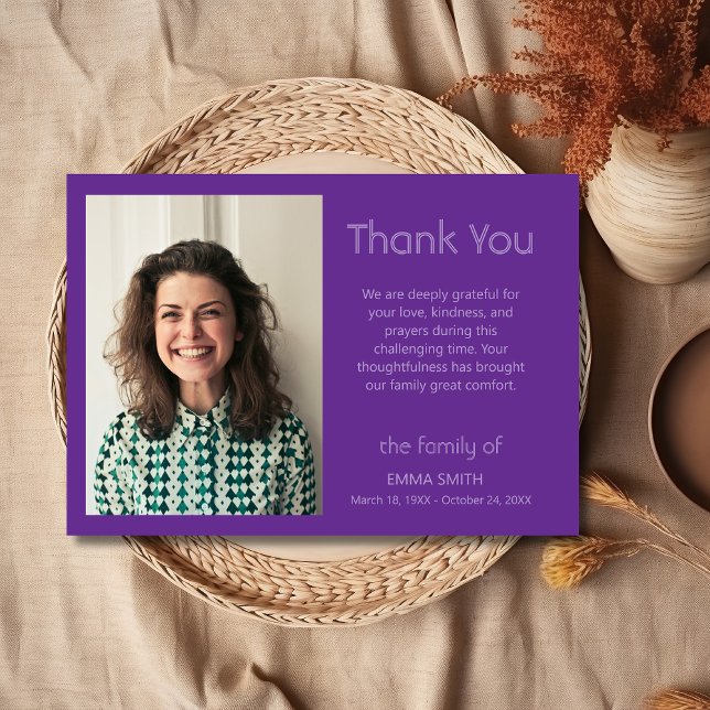 Royal Purple Classic Photo Funeral Sympathy Thank You Card (Creator Uploaded)
