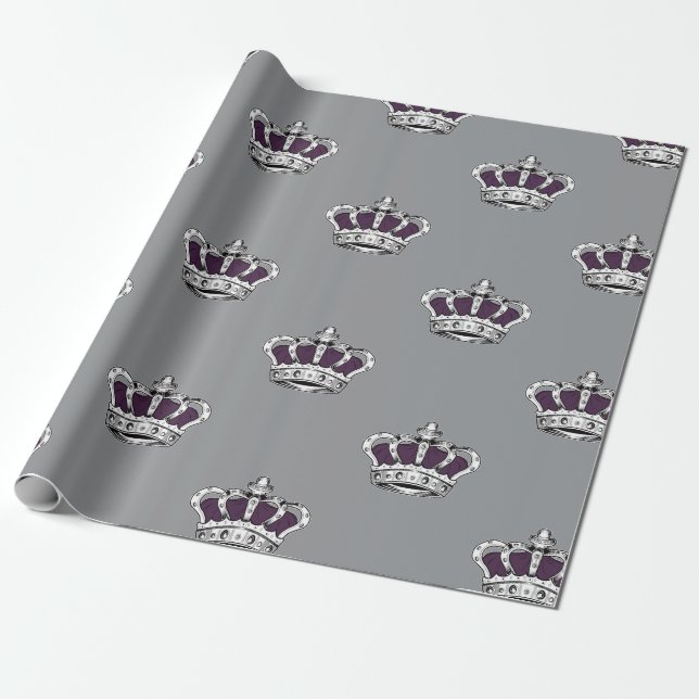 Royal Purple Crown Pattern on Modern Gray Back Wrapping Paper (Unrolled)