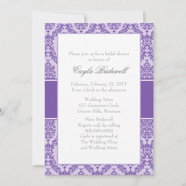 Royal Purple Damask Bridal Shower Invitation (Front)