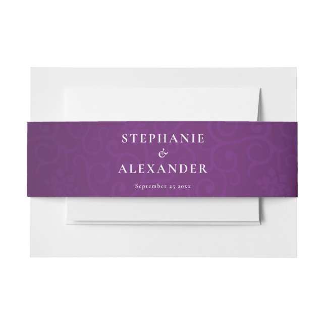 Royal Purple Damask Wedding Invitation Belly Band (Front Example)