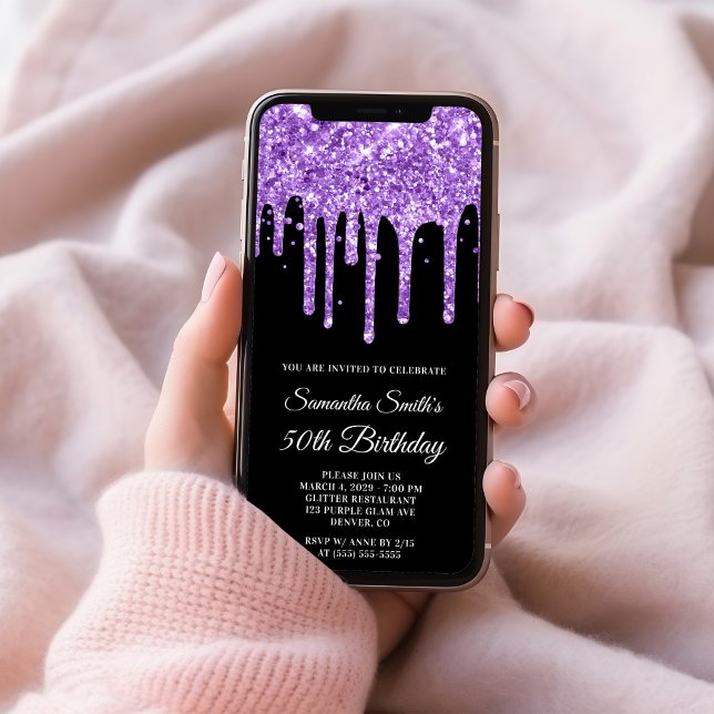 Royal Purple Dripping Glitter Black 50th Birthday Invitation (Royal Purple Dripping Glitter Black 50th Birthday Invitation)