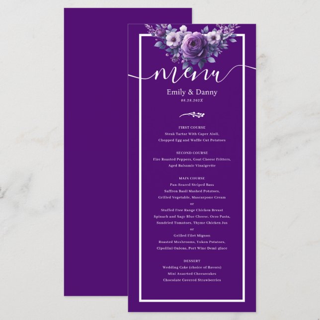 Royal Purple Elegant Violet Botanical Wedding Menu (Front/Back)