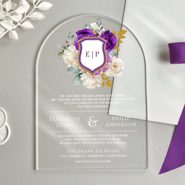 Royal Purple Floral Crest Monogram Wedding Acrylic Invitations (Creator Uploaded)