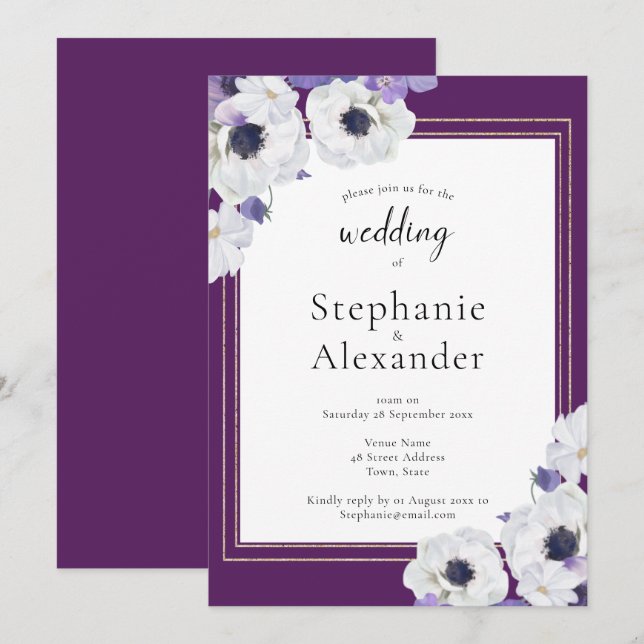 Royal Purple Floral Gold Frame Wedding Invitation (Front/Back)
