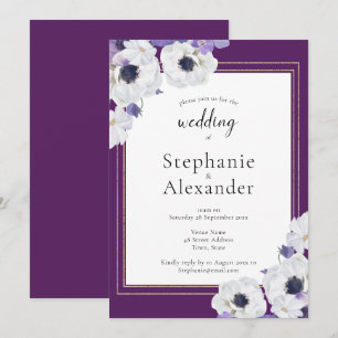 Royal Purple Floral Gold Frame Wedding Invitation