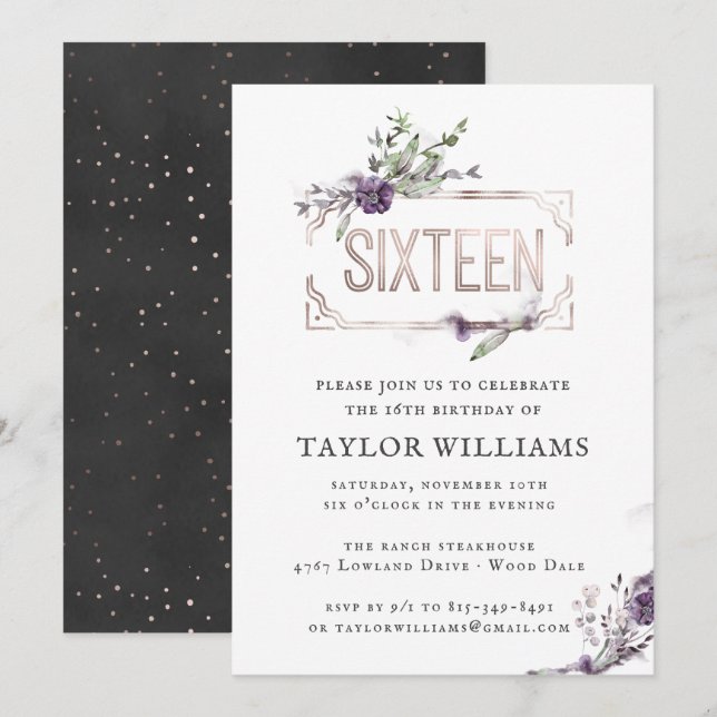 Royal Purple | Floral Ornate Foil Frame Birthday Invitation (Front/Back)