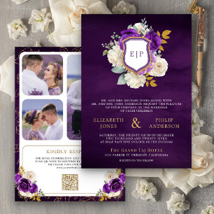 Royal Purple Floral QR Code Photo Crest Wedding Invitation