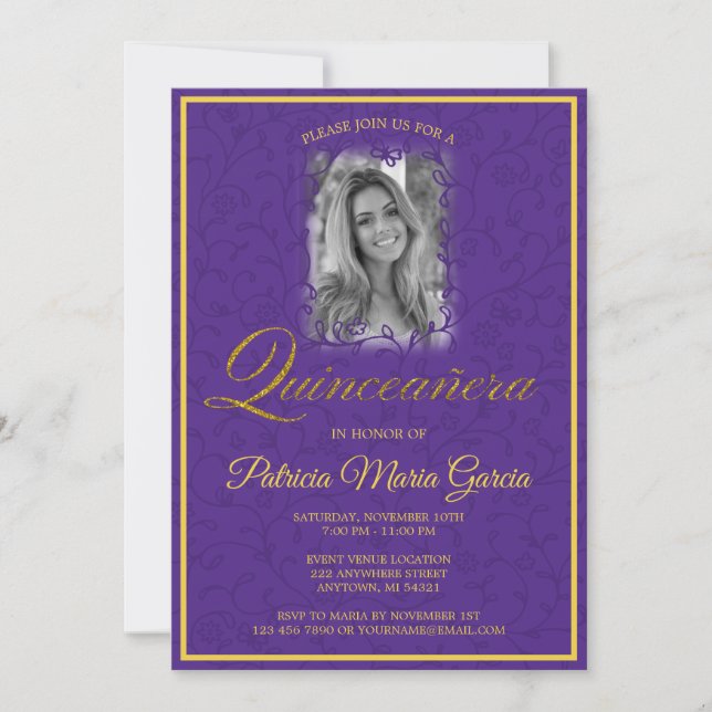 Royal purple floral vines with photo invitation (Front)