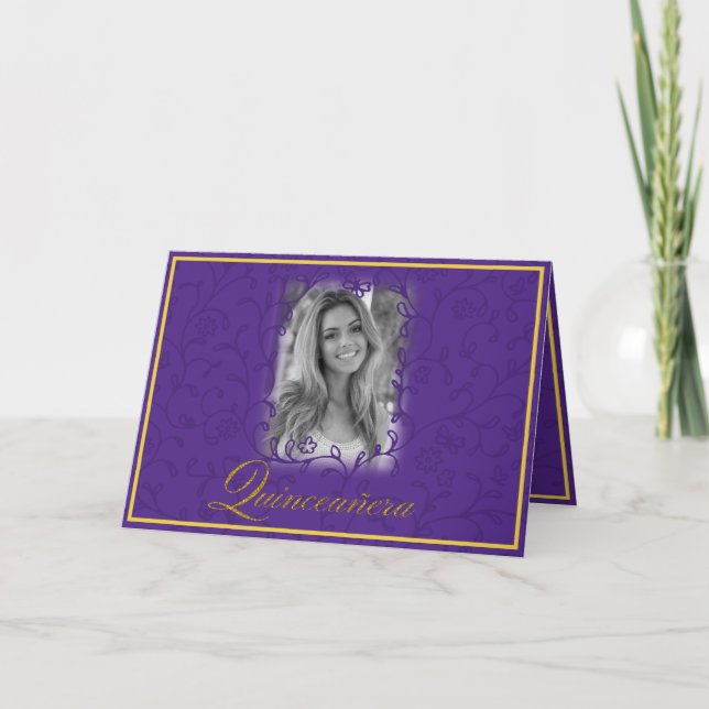 Royal purple floral vines with photo quinceanera card (Front)