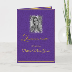 Royal purple floral vines with photo quinceanera card
