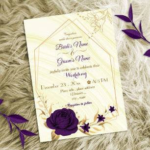 royal purple flowers gold geometric wedding invitation
