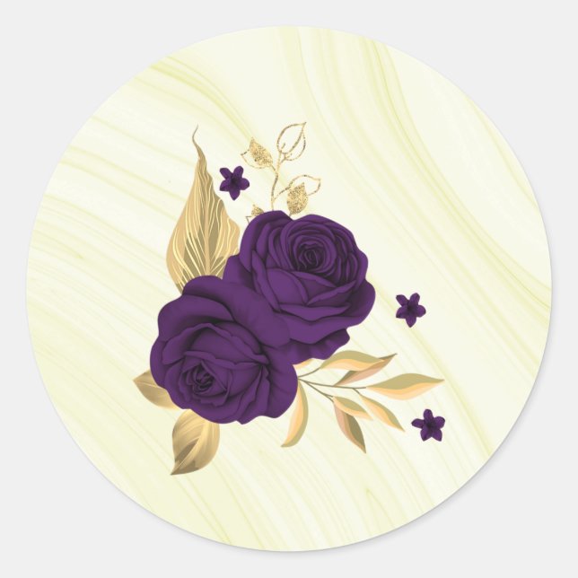royal purple flowers gold leaves marble classic round sticker (Front)