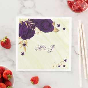 royal purple flowers gold leaves marble napkin
