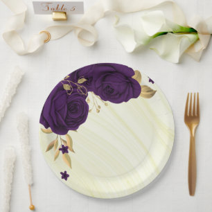 royal purple flowers gold leaves marble paper plate