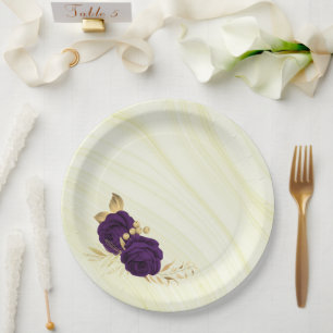 royal purple flowers gold leaves marble paper plate