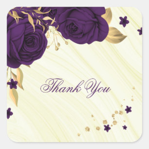 royal purple flowers gold leaves marble square sticker