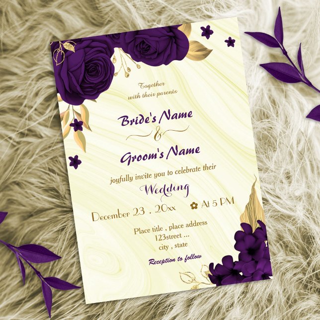 royal purple flowers gold wedding invitation (Creator Uploaded)