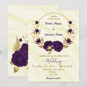 royal purple flowers gold wreath invitation