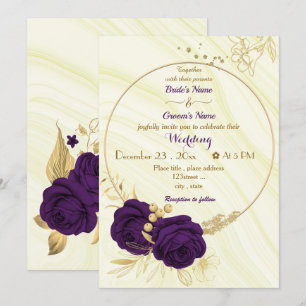 royal purple flowers gold wreath wedding invitation