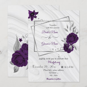 royal purple flowers silver geometric wedding invitation
