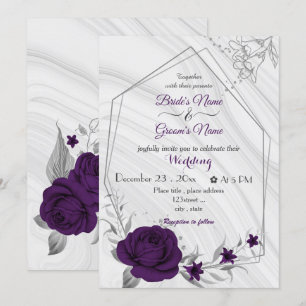 royal purple flowers silver geometric wedding invitation