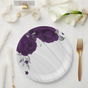 royal purple flowers silver leaves marble paper plate