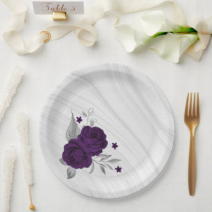 royal purple flowers silver leaves marble  paper plate