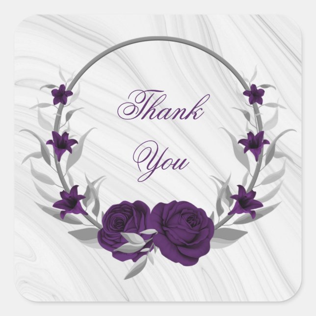 royal purple flowers silver leaves marble square sticker (Front)