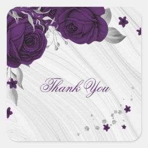 royal purple flowers silver leaves marble square sticker
