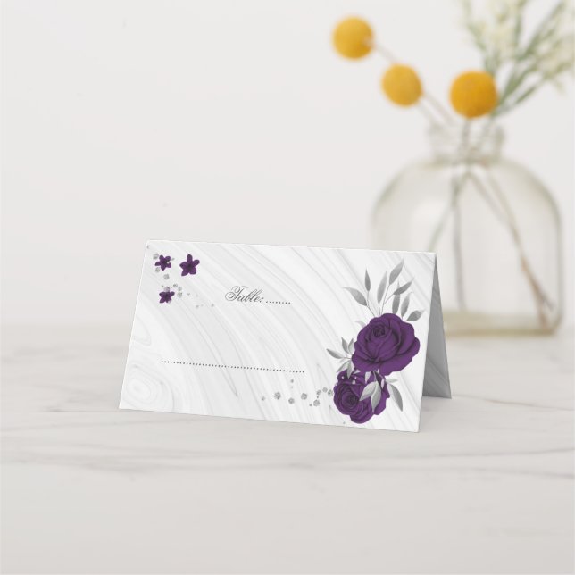 royal purple flowers silver marble place card (Front)