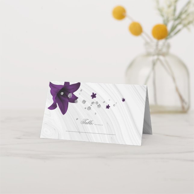 royal purple flowers silver marble place card (Front)