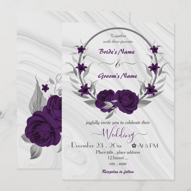 royal purple flowers silver wreath wedding invitation (Front/Back)