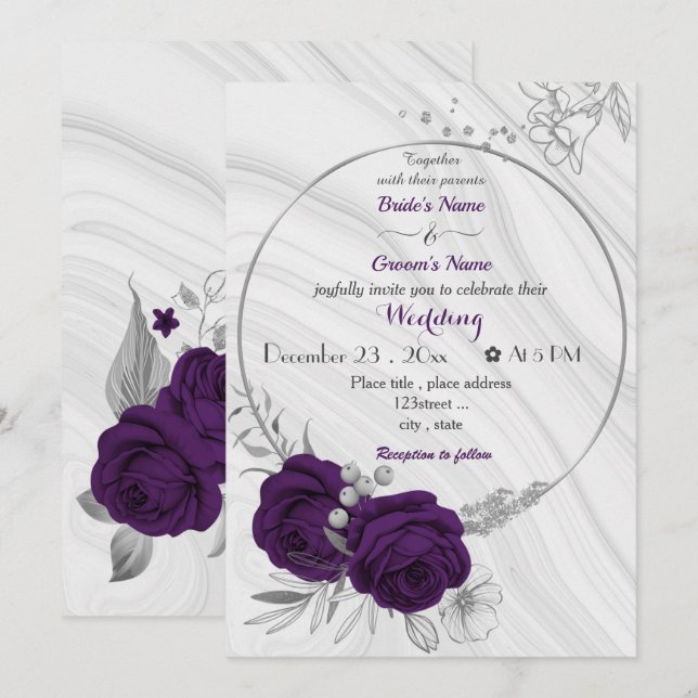 royal purple flowers silver wreath wedding invitation (Front/Back)