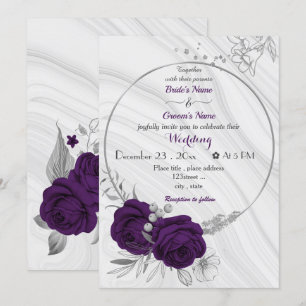 royal purple flowers silver wreath wedding invitation