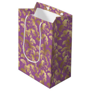 Royal Purple Ginkgo Leaf Luxury Gold Pattern Medium Gift Bag