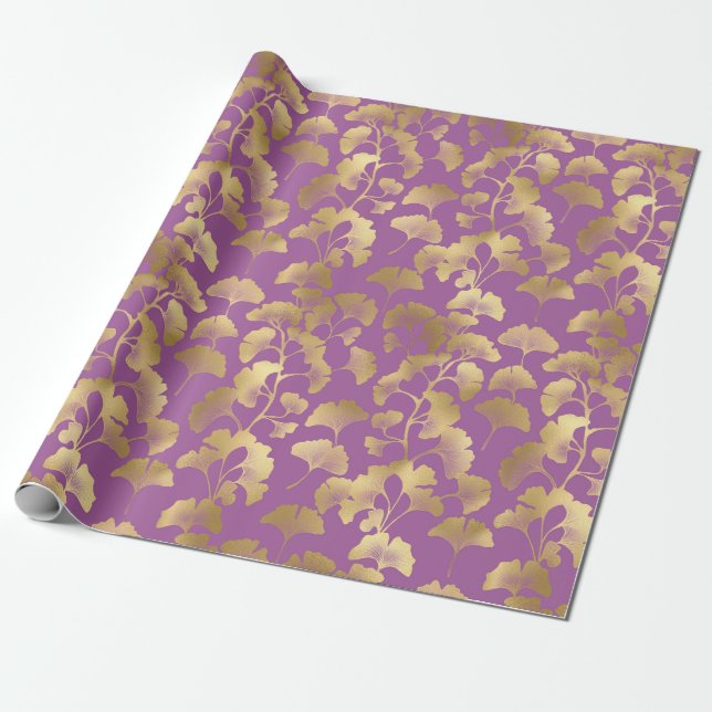 Royal Purple Ginkgo Leaf Luxury Gold Pattern Wrapping Paper (Unrolled)
