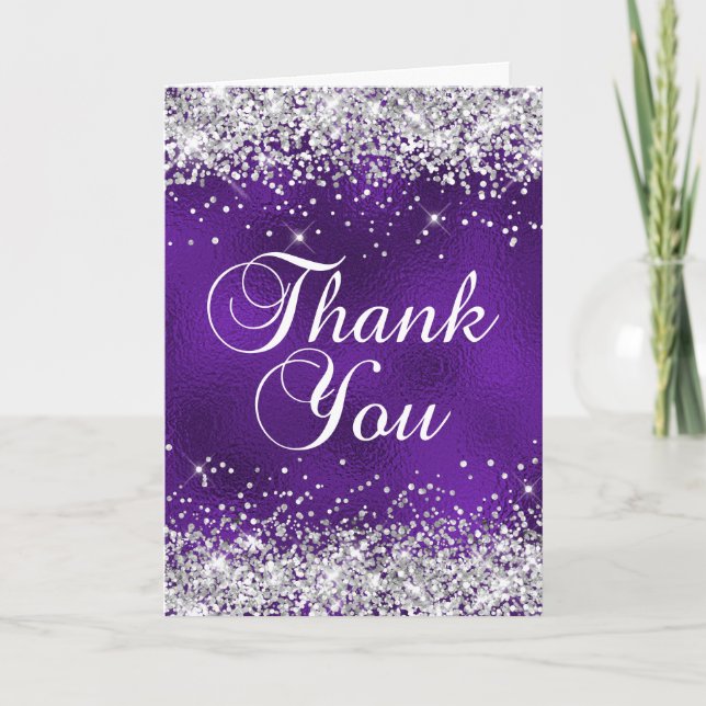 Royal Purple Glass Foil Silver Glitter Thank You Card (Front)
