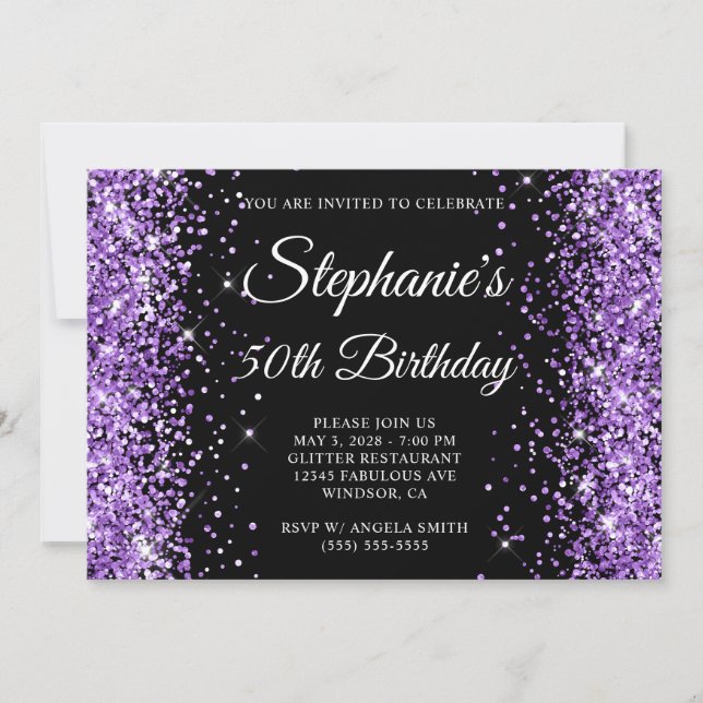 Royal Purple Glitter Black Monogram 50th Birthday Invitation (Front)