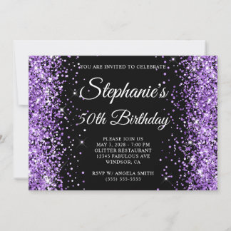 Royal Purple Glitter Black Monogram 50th Birthday Invitation