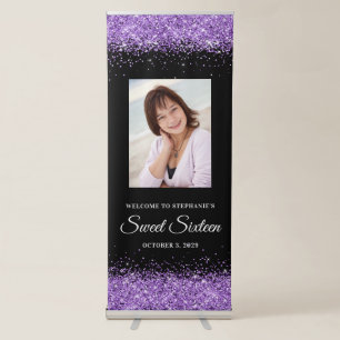 Royal Purple Glitter Black Sweet Sixteen Welcome Retractable Banner