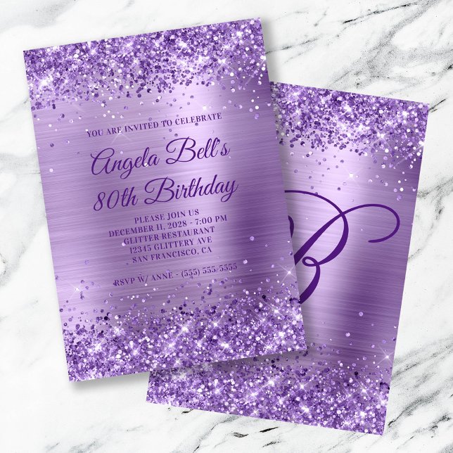 Royal Purple Glitter Brushed Foil 80th Birthday Invitation (Royal Purple Glitter Brushed Foil 80th Birthday Invitation)