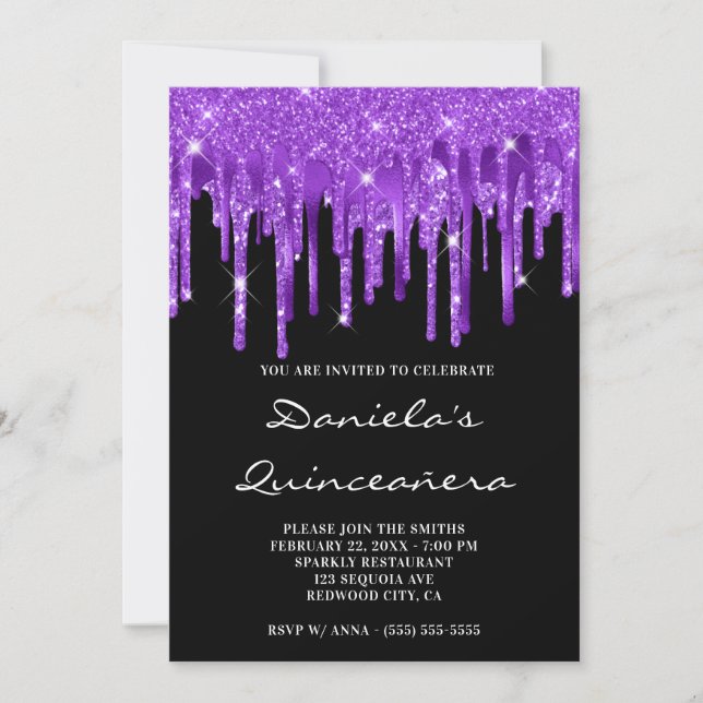 Royal Purple Glitter Foil Drips Black Quinceañera Invitation (Front)