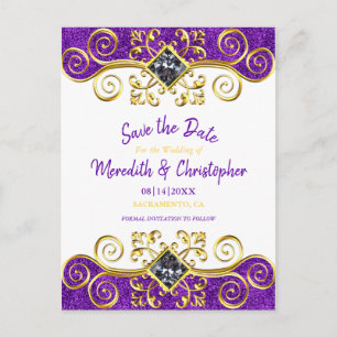 Royal Purple Glitter Gold Gemstone Save the Date Announcement Postcard